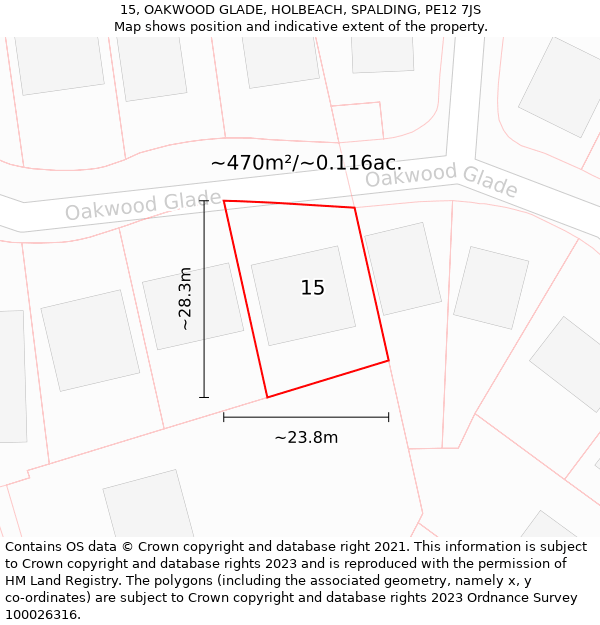 15, OAKWOOD GLADE, HOLBEACH, SPALDING, PE12 7JS: Plot and title map