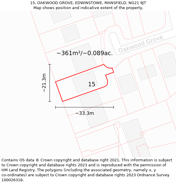 15, OAKWOOD GROVE, EDWINSTOWE, MANSFIELD, NG21 9JT: Plot and title map