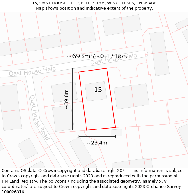 15, OAST HOUSE FIELD, ICKLESHAM, WINCHELSEA, TN36 4BP: Plot and title map