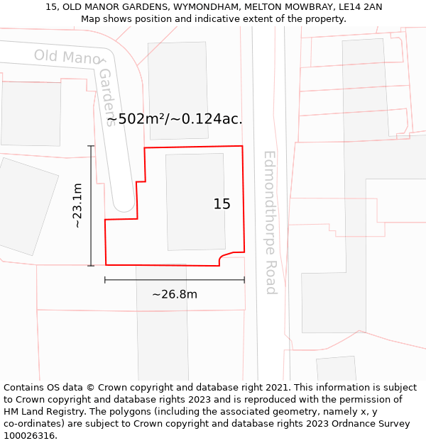 15, OLD MANOR GARDENS, WYMONDHAM, MELTON MOWBRAY, LE14 2AN: Plot and title map