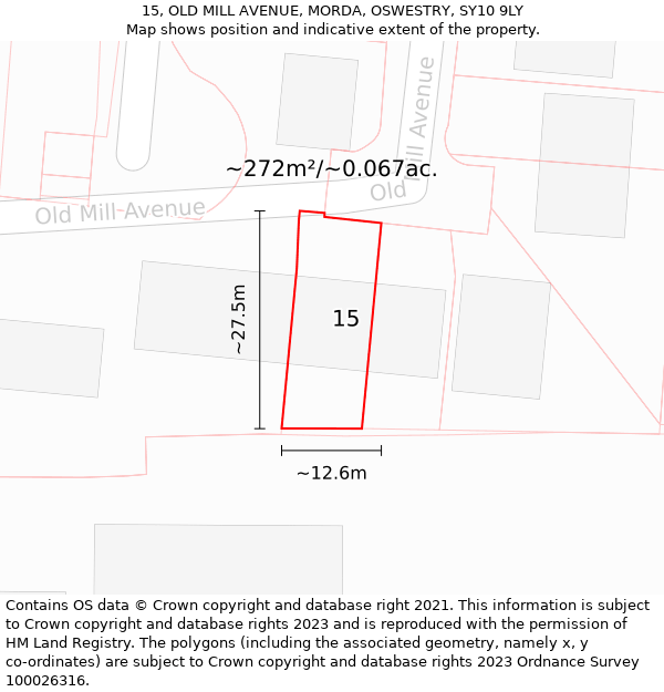 15, OLD MILL AVENUE, MORDA, OSWESTRY, SY10 9LY: Plot and title map