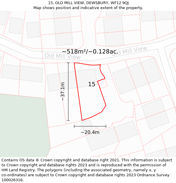 15, OLD MILL VIEW, DEWSBURY, WF12 9QJ: Plot and title map