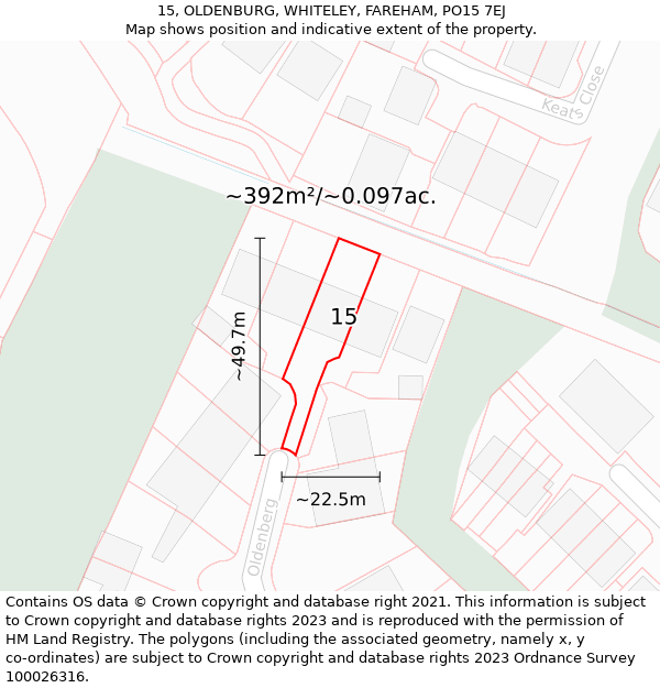 15, OLDENBURG, WHITELEY, FAREHAM, PO15 7EJ: Plot and title map