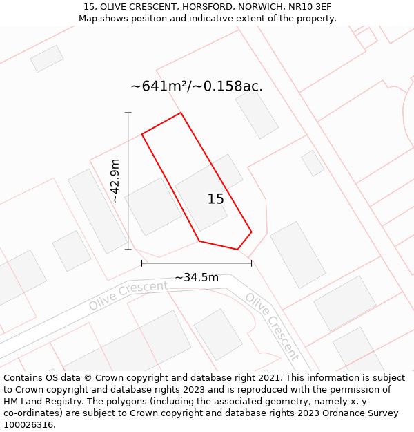 15, OLIVE CRESCENT, HORSFORD, NORWICH, NR10 3EF: Plot and title map