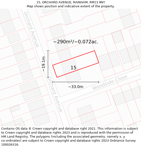 15, ORCHARD AVENUE, RAINHAM, RM13 9NY: Plot and title map