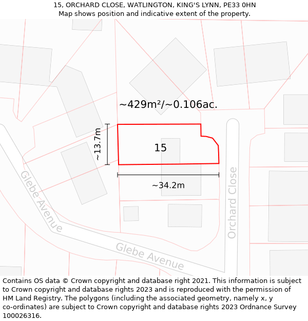 15, ORCHARD CLOSE, WATLINGTON, KING'S LYNN, PE33 0HN: Plot and title map