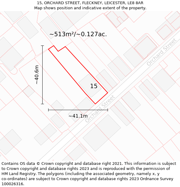 15, ORCHARD STREET, FLECKNEY, LEICESTER, LE8 8AR: Plot and title map