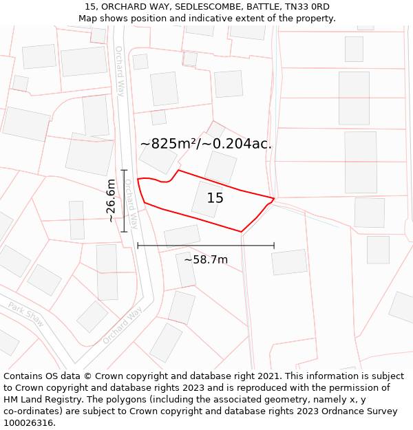 15, ORCHARD WAY, SEDLESCOMBE, BATTLE, TN33 0RD: Plot and title map