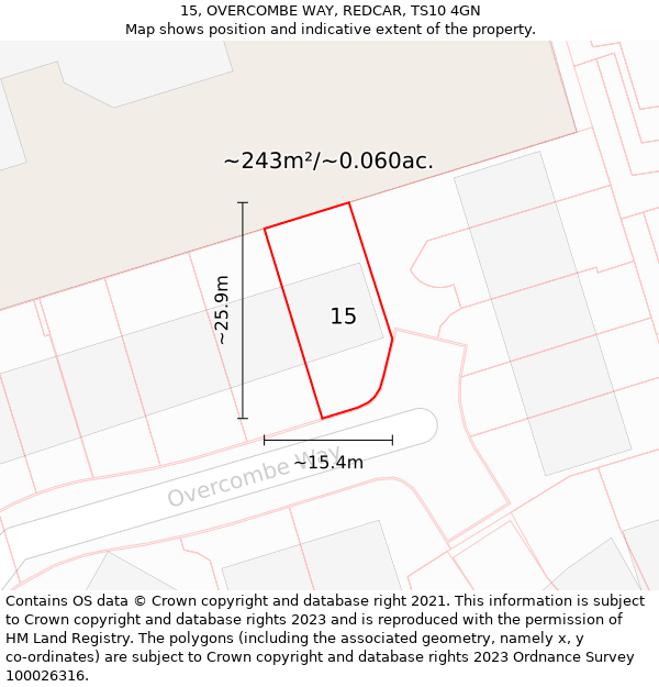 15, OVERCOMBE WAY, REDCAR, TS10 4GN: Plot and title map