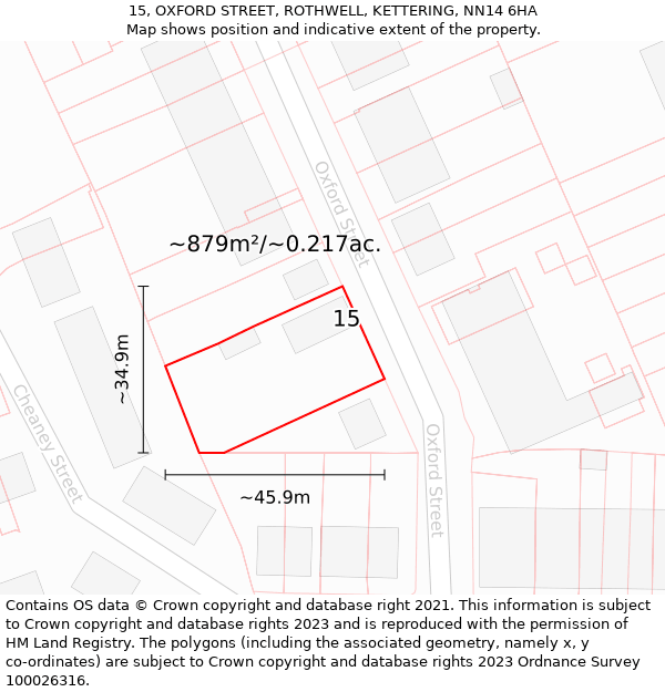 15, OXFORD STREET, ROTHWELL, KETTERING, NN14 6HA: Plot and title map
