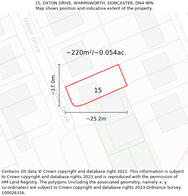 15, OXTON DRIVE, WARMSWORTH, DONCASTER, DN4 9PN: Plot and title map