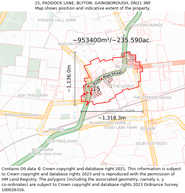 15, PADDOCK LANE, BLYTON, GAINSBOROUGH, DN21 3NF: Plot and title map