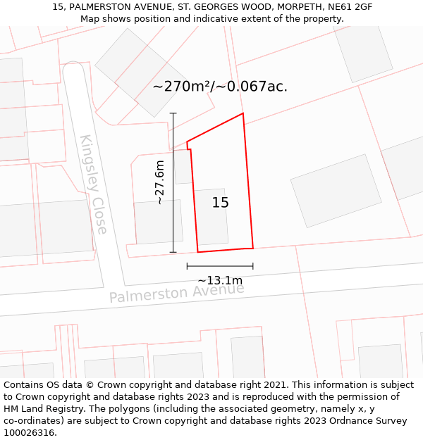 15, PALMERSTON AVENUE, ST. GEORGES WOOD, MORPETH, NE61 2GF: Plot and title map