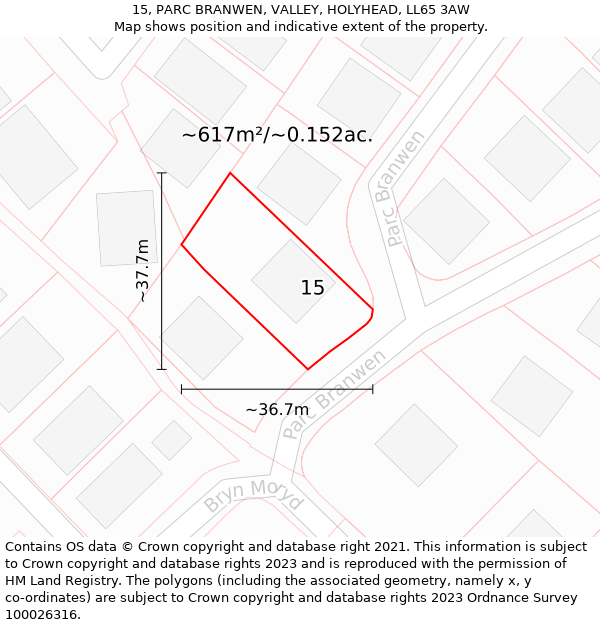 15, PARC BRANWEN, VALLEY, HOLYHEAD, LL65 3AW: Plot and title map