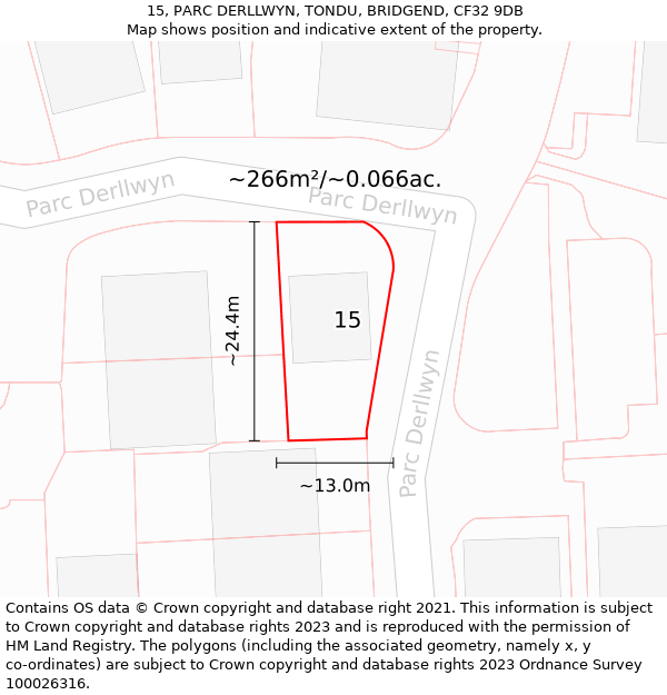 15, PARC DERLLWYN, TONDU, BRIDGEND, CF32 9DB: Plot and title map