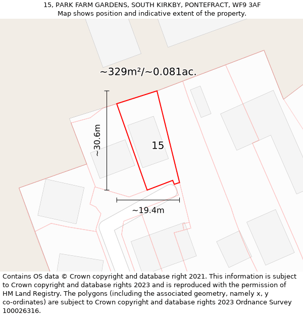 15, PARK FARM GARDENS, SOUTH KIRKBY, PONTEFRACT, WF9 3AF: Plot and title map