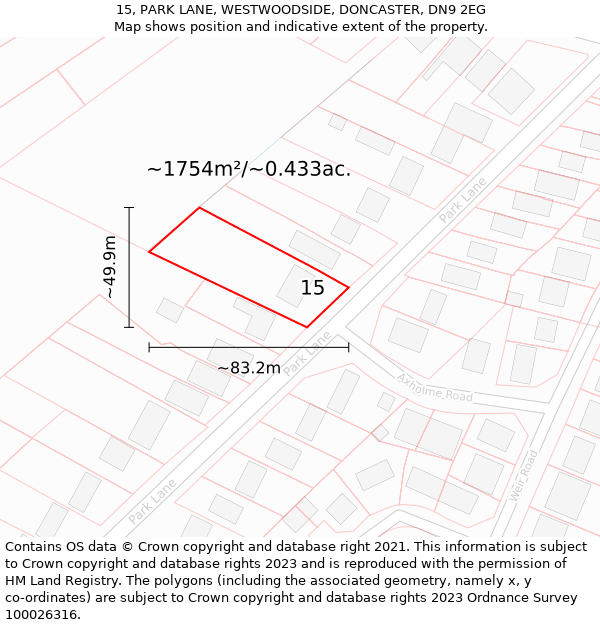 15, PARK LANE, WESTWOODSIDE, DONCASTER, DN9 2EG: Plot and title map