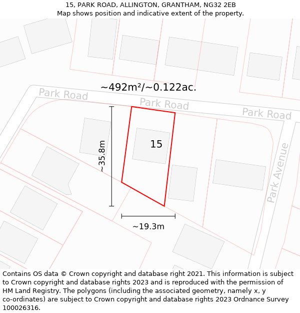 15, PARK ROAD, ALLINGTON, GRANTHAM, NG32 2EB: Plot and title map