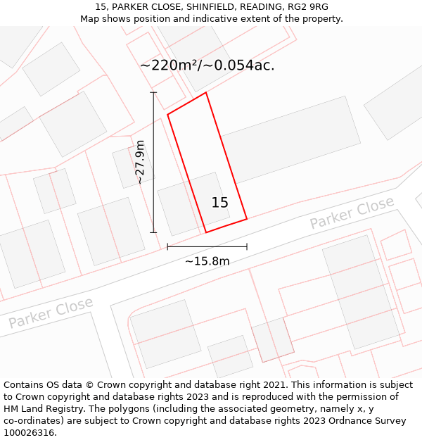 15, PARKER CLOSE, SHINFIELD, READING, RG2 9RG: Plot and title map