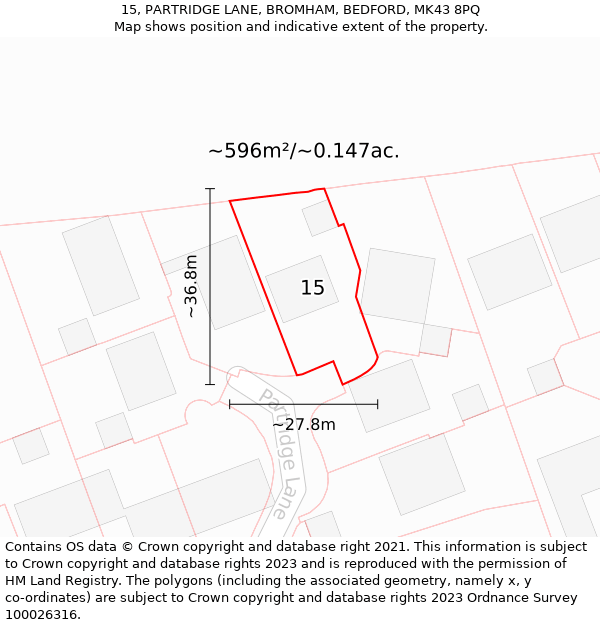 15, PARTRIDGE LANE, BROMHAM, BEDFORD, MK43 8PQ: Plot and title map