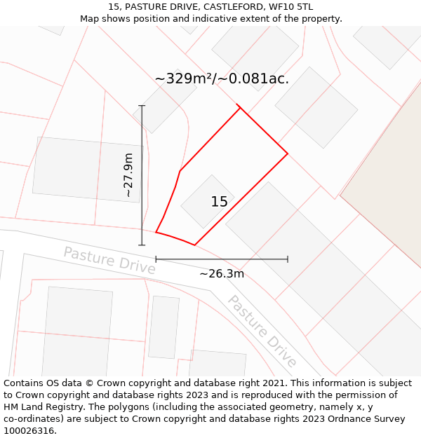 15, PASTURE DRIVE, CASTLEFORD, WF10 5TL: Plot and title map