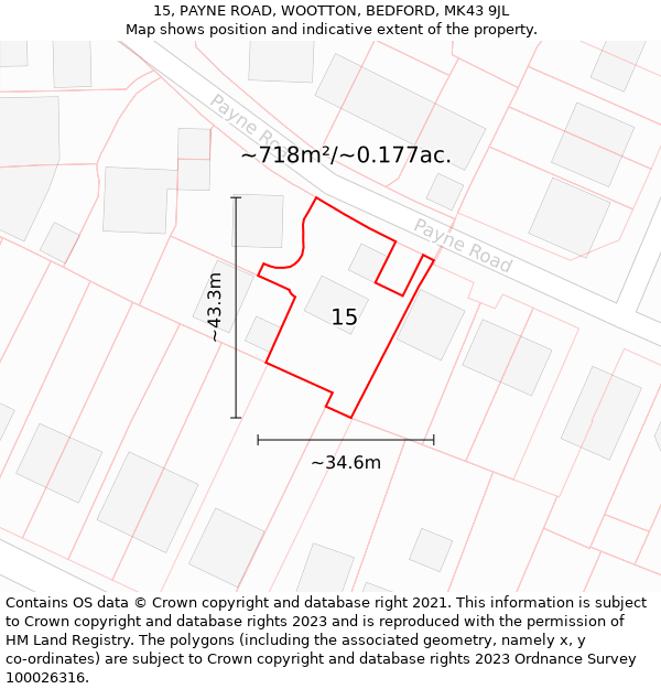 15, PAYNE ROAD, WOOTTON, BEDFORD, MK43 9JL: Plot and title map