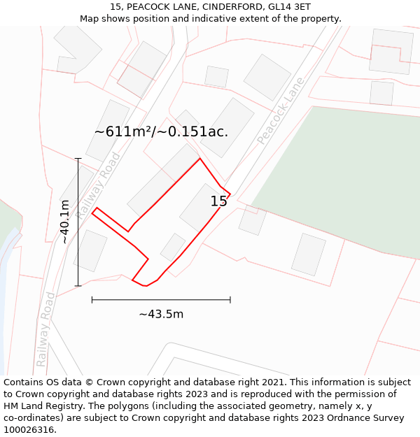 15, PEACOCK LANE, CINDERFORD, GL14 3ET: Plot and title map
