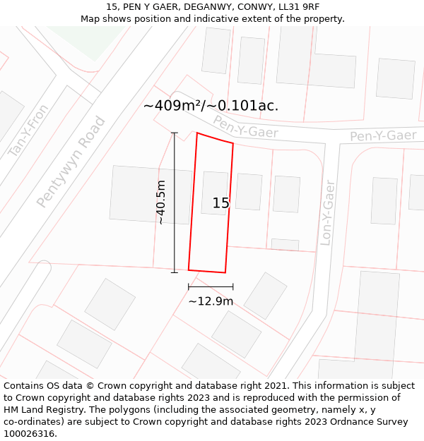 15, PEN Y GAER, DEGANWY, CONWY, LL31 9RF: Plot and title map