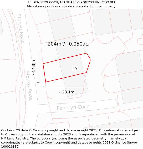 15, PENBRYN COCH, LLANHARRY, PONTYCLUN, CF72 9FA: Plot and title map