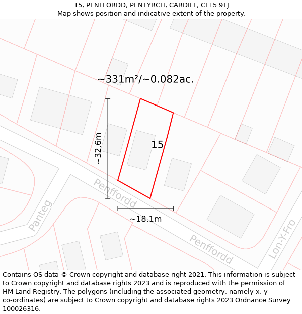 15, PENFFORDD, PENTYRCH, CARDIFF, CF15 9TJ: Plot and title map