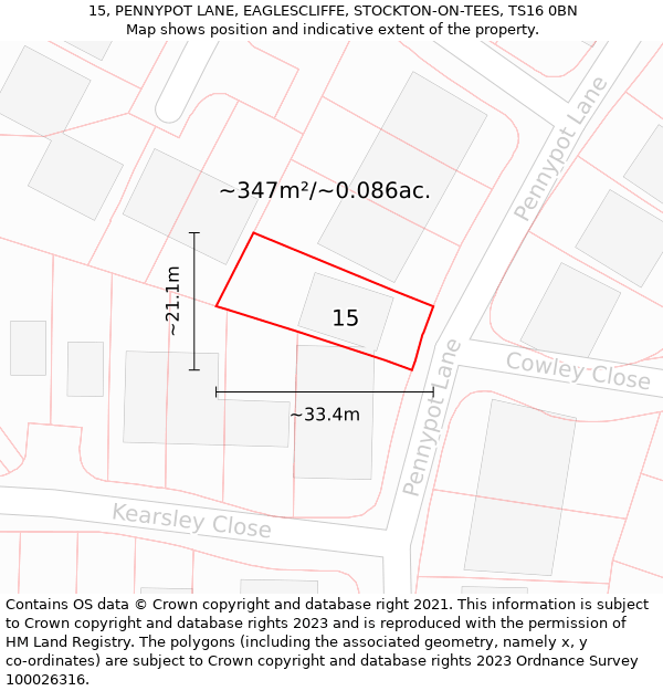 15, PENNYPOT LANE, EAGLESCLIFFE, STOCKTON-ON-TEES, TS16 0BN: Plot and title map