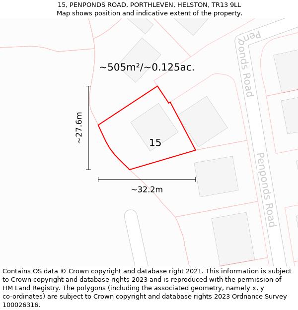 15, PENPONDS ROAD, PORTHLEVEN, HELSTON, TR13 9LL: Plot and title map