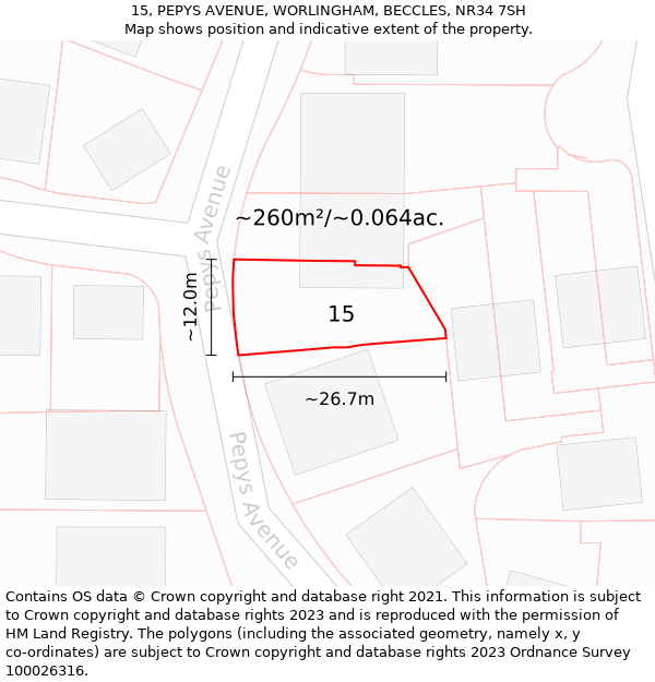 15, PEPYS AVENUE, WORLINGHAM, BECCLES, NR34 7SH: Plot and title map