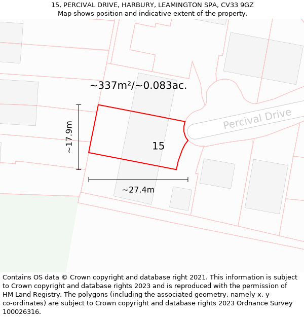 15, PERCIVAL DRIVE, HARBURY, LEAMINGTON SPA, CV33 9GZ: Plot and title map