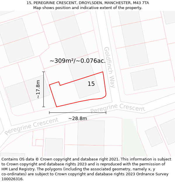 15, PEREGRINE CRESCENT, DROYLSDEN, MANCHESTER, M43 7TA: Plot and title map