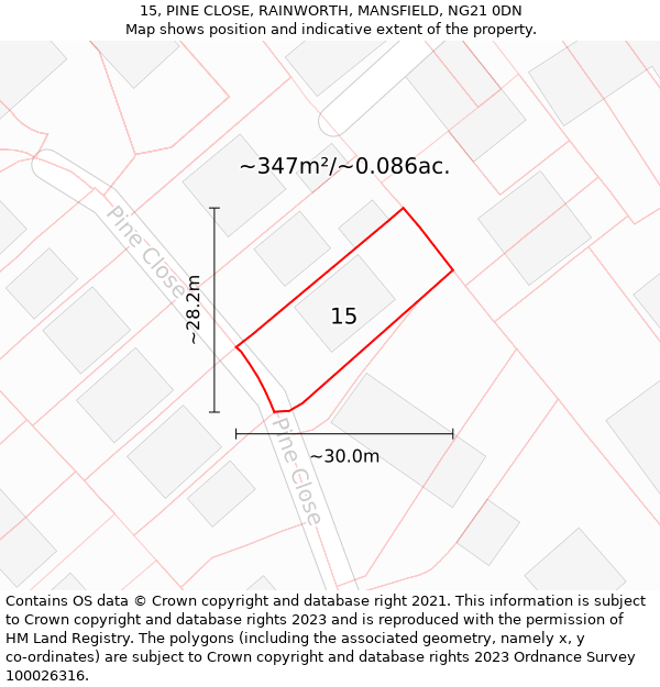 15, PINE CLOSE, RAINWORTH, MANSFIELD, NG21 0DN: Plot and title map