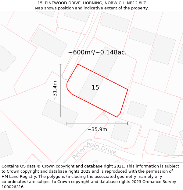 15, PINEWOOD DRIVE, HORNING, NORWICH, NR12 8LZ: Plot and title map