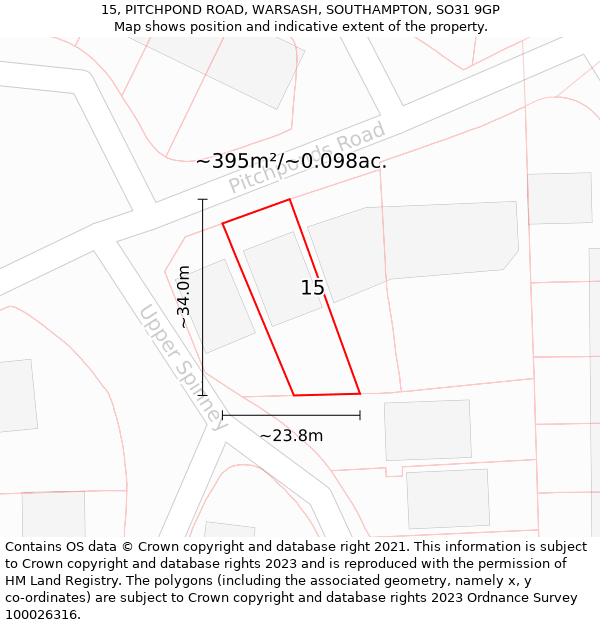 15, PITCHPOND ROAD, WARSASH, SOUTHAMPTON, SO31 9GP: Plot and title map