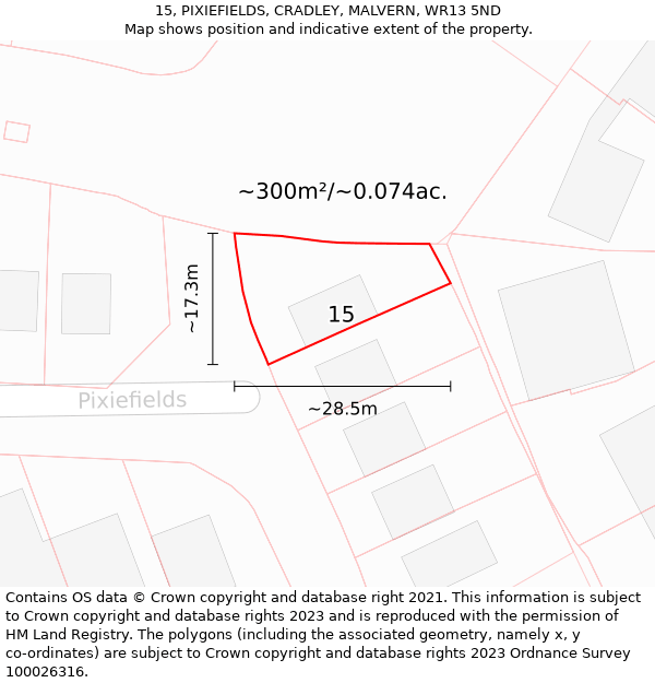 15, PIXIEFIELDS, CRADLEY, MALVERN, WR13 5ND: Plot and title map