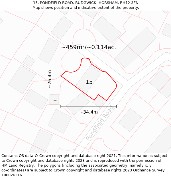 15, PONDFIELD ROAD, RUDGWICK, HORSHAM, RH12 3EN: Plot and title map