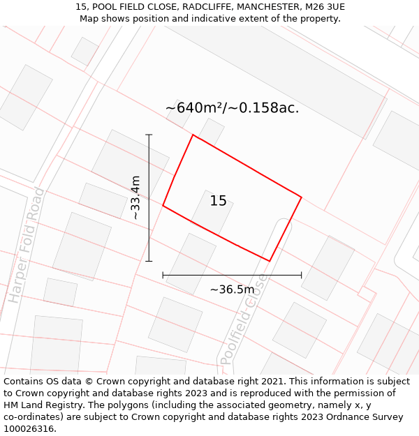15, POOL FIELD CLOSE, RADCLIFFE, MANCHESTER, M26 3UE: Plot and title map