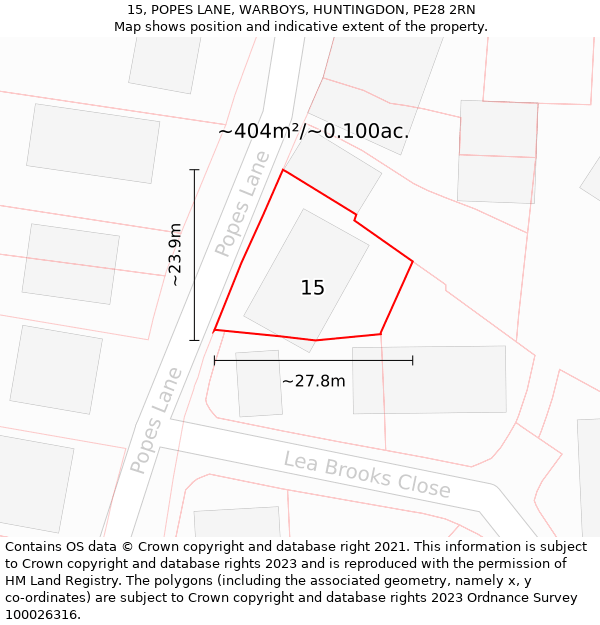 15, POPES LANE, WARBOYS, HUNTINGDON, PE28 2RN: Plot and title map