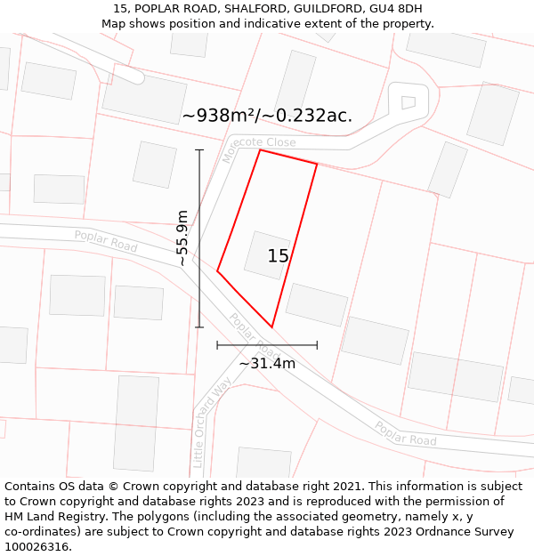 15, POPLAR ROAD, SHALFORD, GUILDFORD, GU4 8DH: Plot and title map