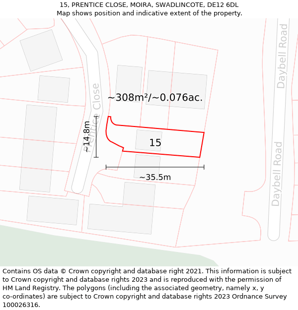 15, PRENTICE CLOSE, MOIRA, SWADLINCOTE, DE12 6DL: Plot and title map