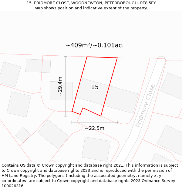 15, PRIDMORE CLOSE, WOODNEWTON, PETERBOROUGH, PE8 5EY: Plot and title map