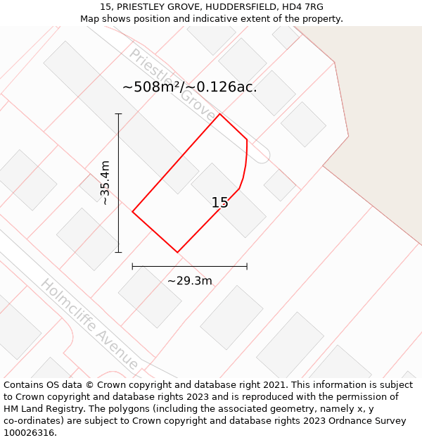 15, PRIESTLEY GROVE, HUDDERSFIELD, HD4 7RG: Plot and title map