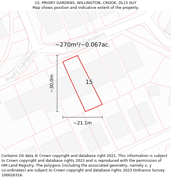 15, PRIORY GARDENS, WILLINGTON, CROOK, DL15 0UY: Plot and title map