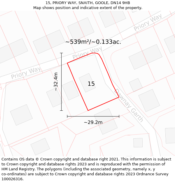 15, PRIORY WAY, SNAITH, GOOLE, DN14 9HB: Plot and title map