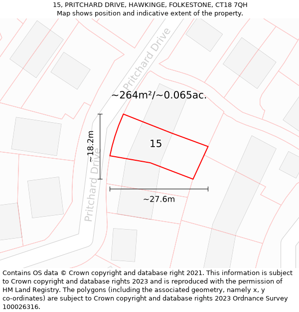 15, PRITCHARD DRIVE, HAWKINGE, FOLKESTONE, CT18 7QH: Plot and title map