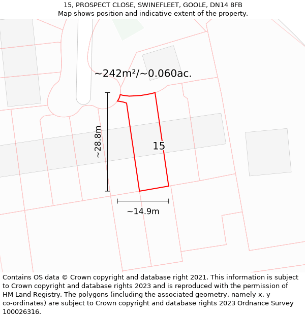 15, PROSPECT CLOSE, SWINEFLEET, GOOLE, DN14 8FB: Plot and title map